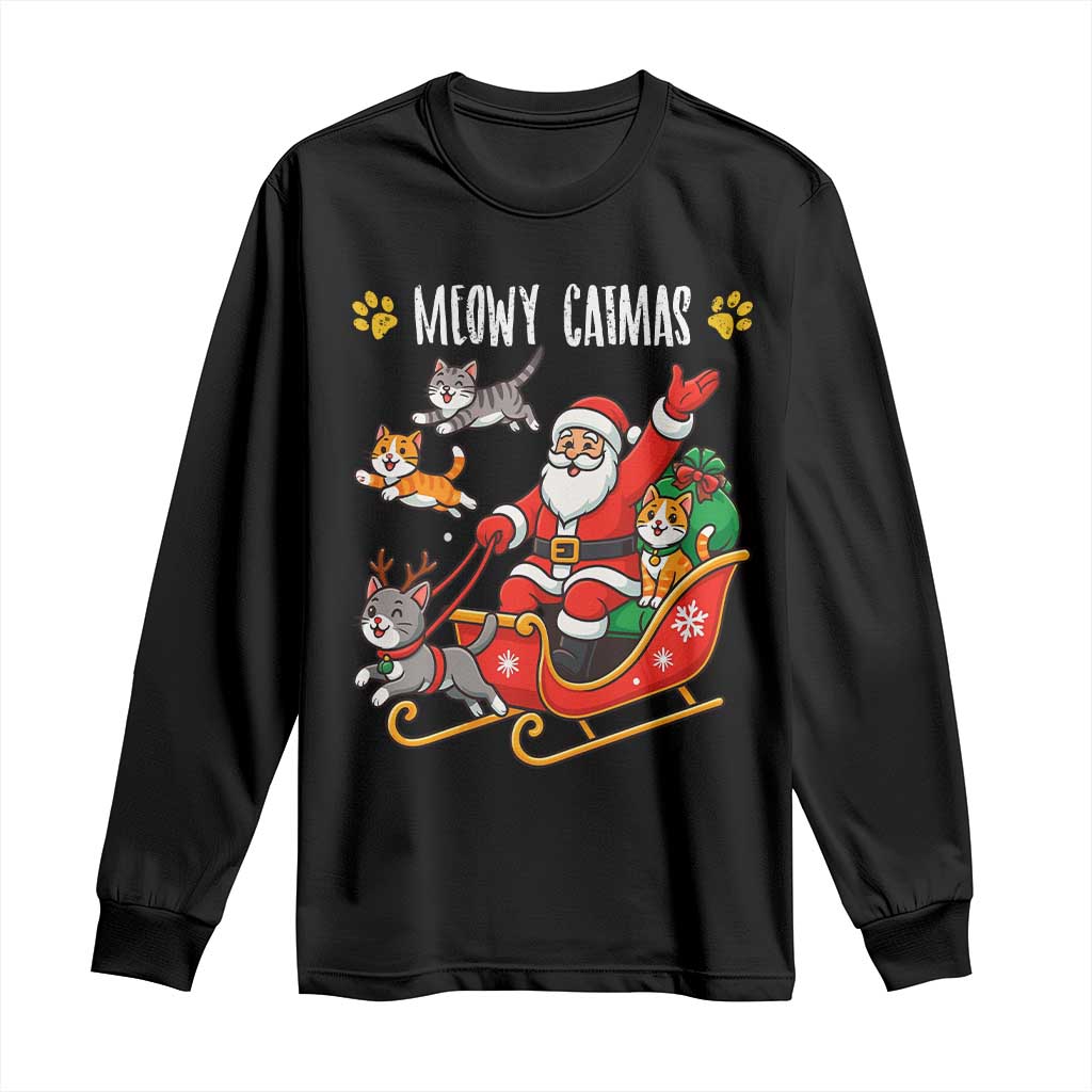 Funny Christmas Cat Long Sleeve Shirt Meowy Catmas Santa Sleigh Xmas - Wonder Print Shop