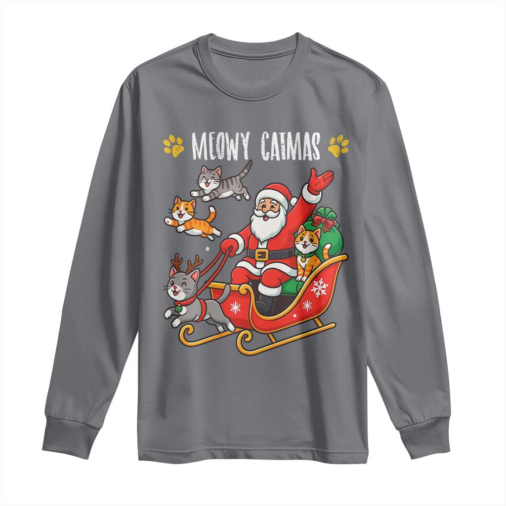Funny Christmas Cat Long Sleeve Shirt Meowy Catmas Santa Sleigh Xmas - Wonder Print Shop