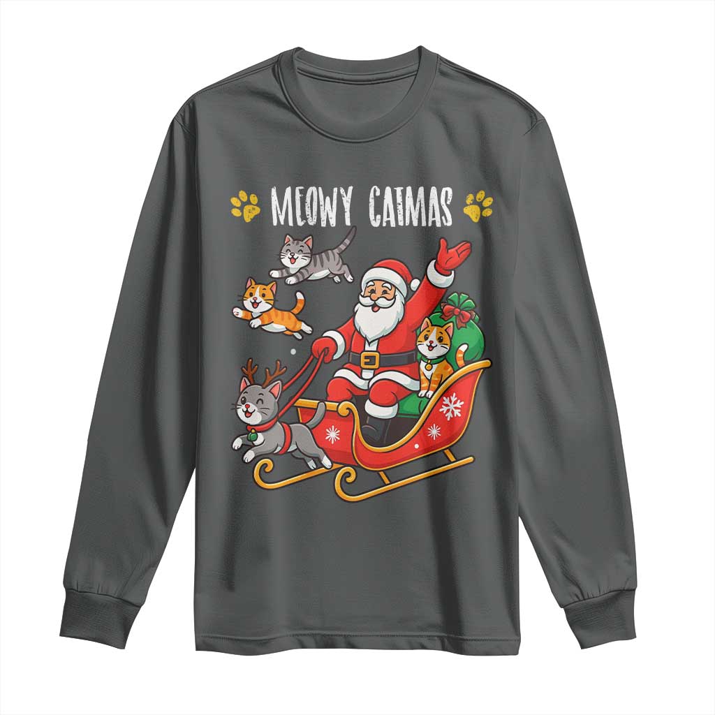 Funny Christmas Cat Long Sleeve Shirt Meowy Catmas Santa Sleigh Xmas - Wonder Print Shop