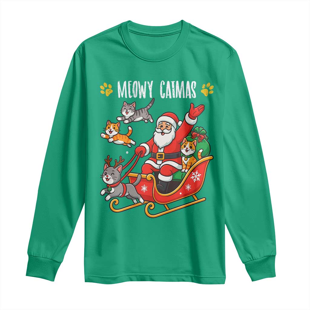 Funny Christmas Cat Long Sleeve Shirt Meowy Catmas Santa Sleigh Xmas - Wonder Print Shop