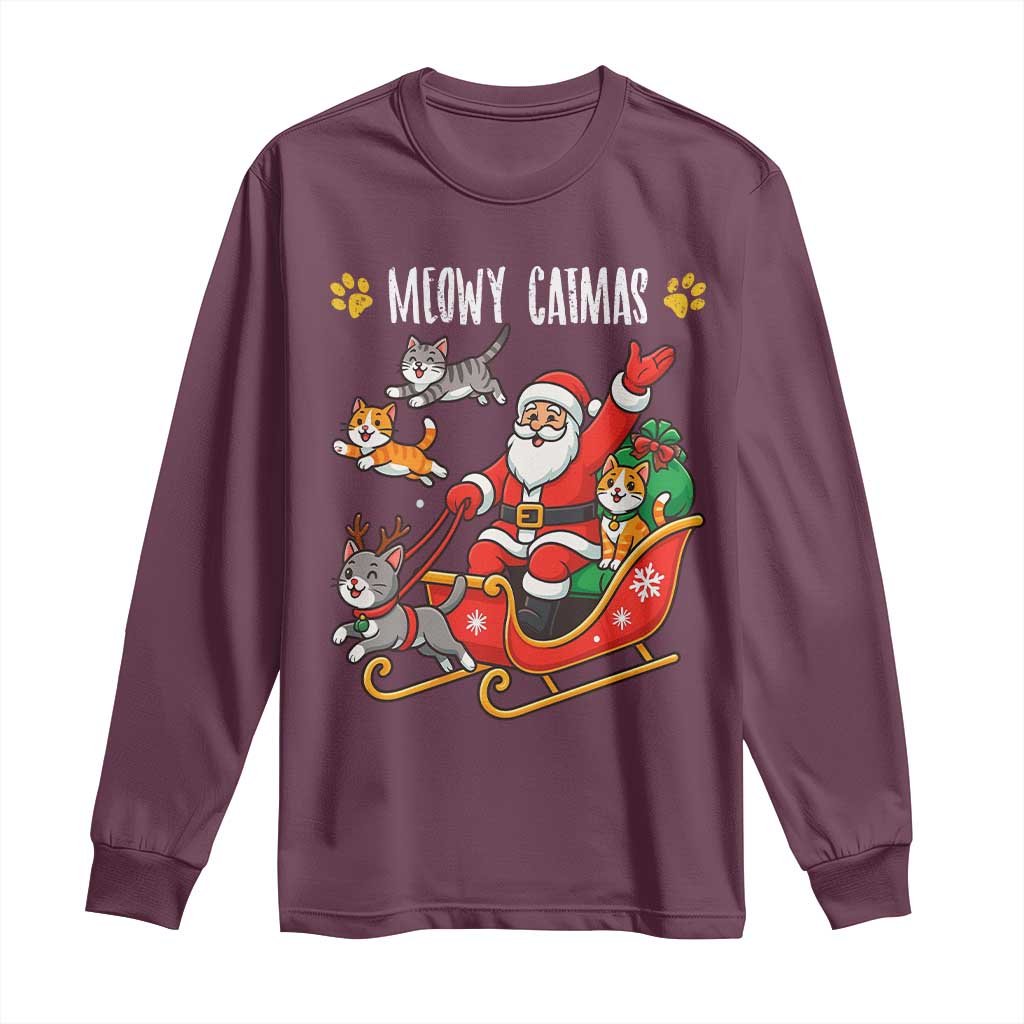 Funny Christmas Cat Long Sleeve Shirt Meowy Catmas Santa Sleigh Xmas - Wonder Print Shop