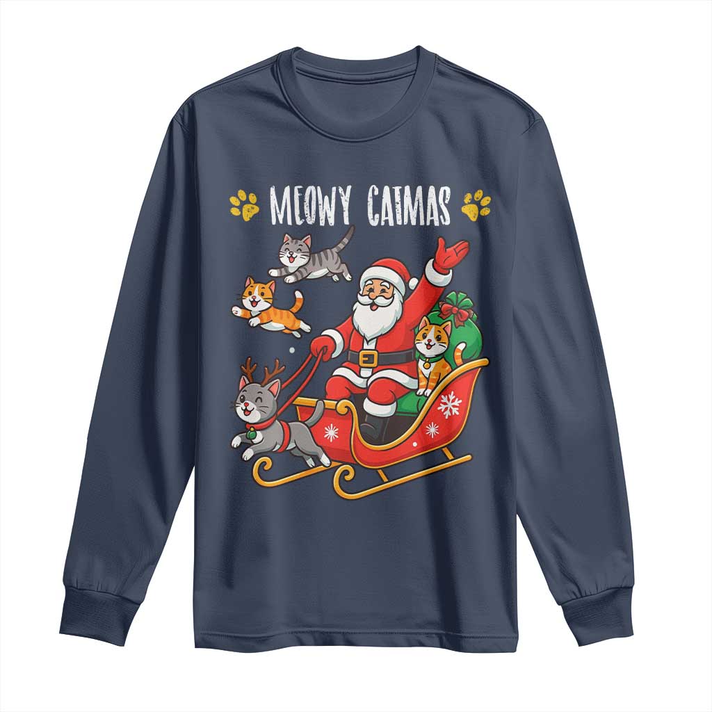 Funny Christmas Cat Long Sleeve Shirt Meowy Catmas Santa Sleigh Xmas - Wonder Print Shop