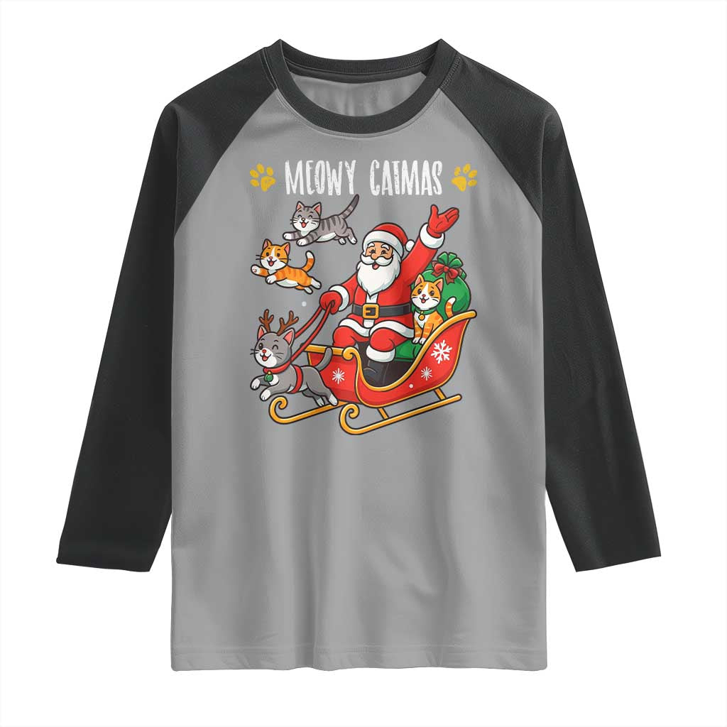 Funny Christmas Cat Raglan Shirt Meowy Catmas Santa Sleigh Xmas - Wonder Print Shop