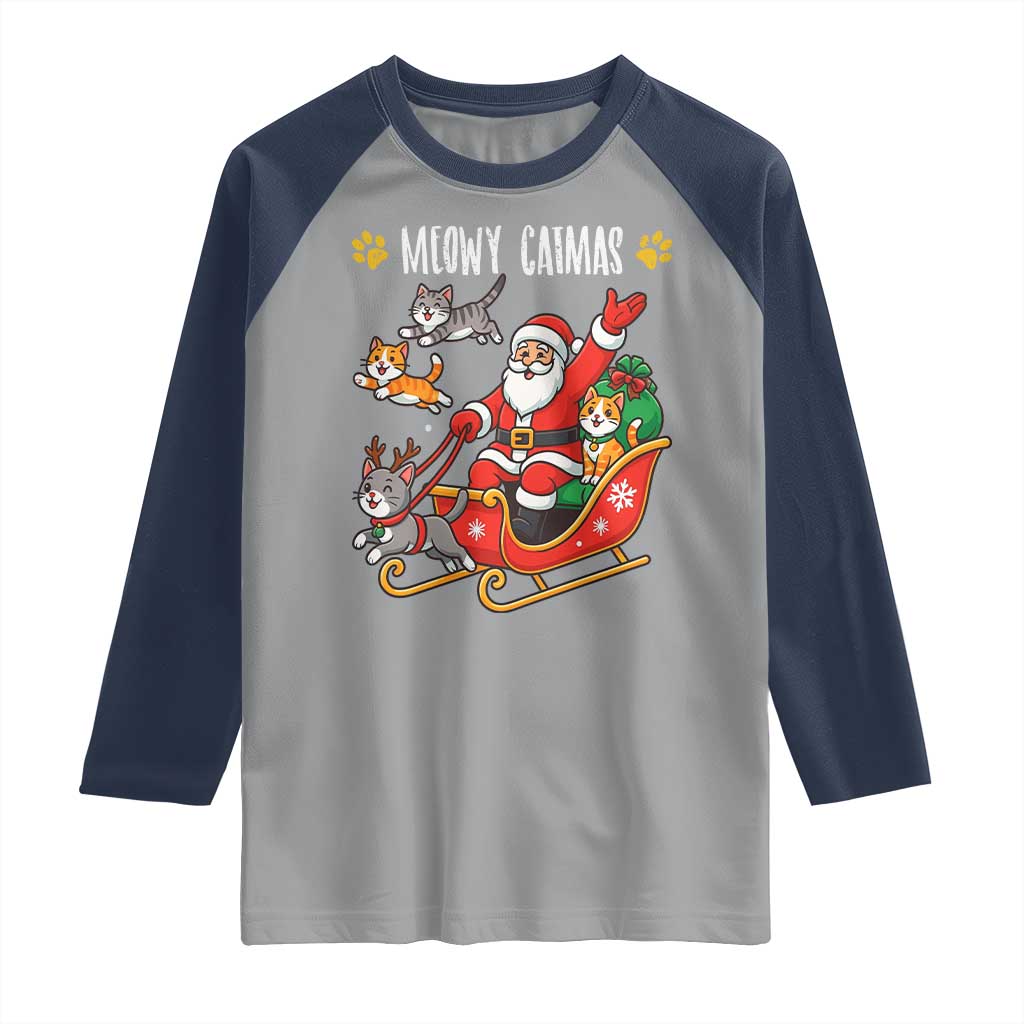 Funny Christmas Cat Raglan Shirt Meowy Catmas Santa Sleigh Xmas - Wonder Print Shop