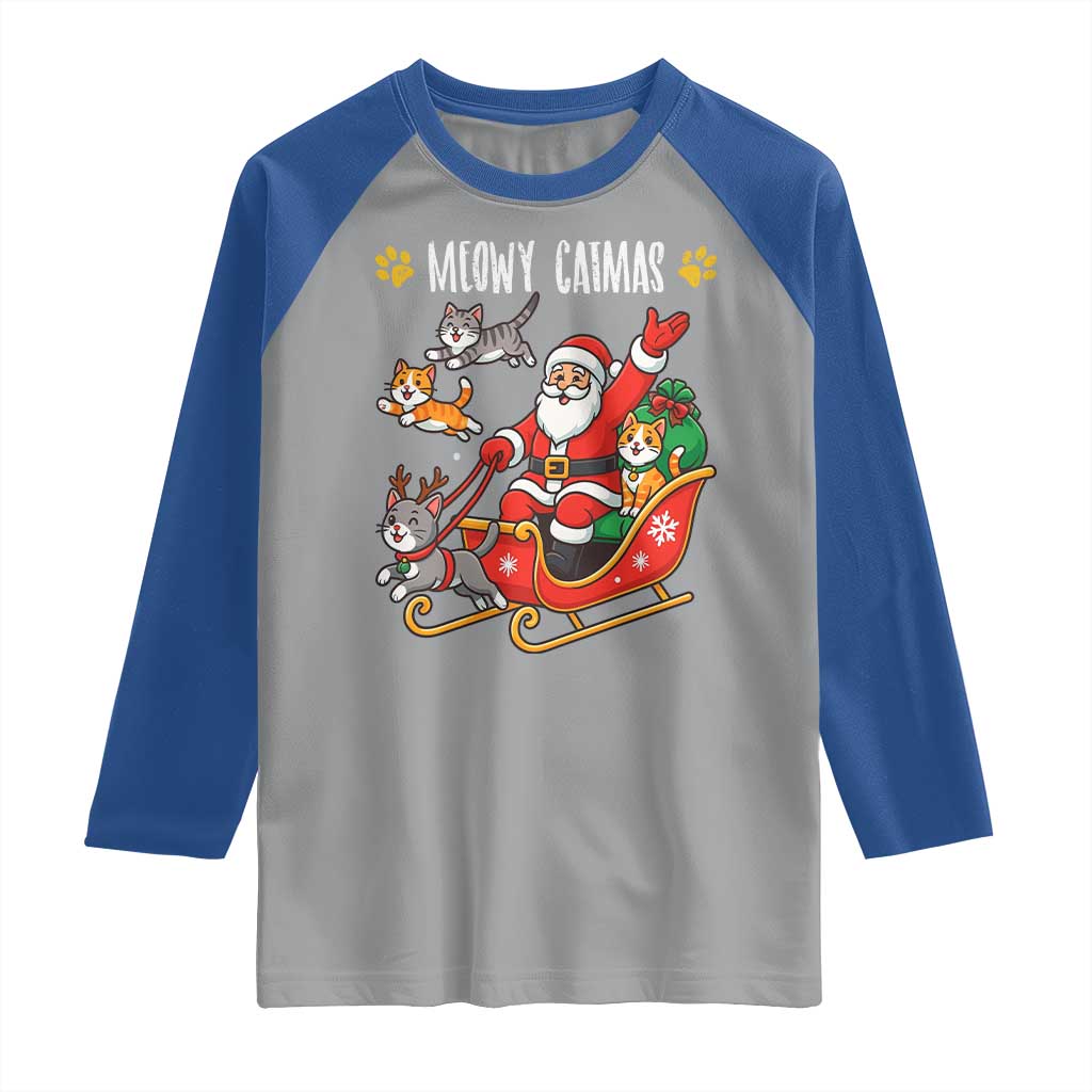 Funny Christmas Cat Raglan Shirt Meowy Catmas Santa Sleigh Xmas - Wonder Print Shop