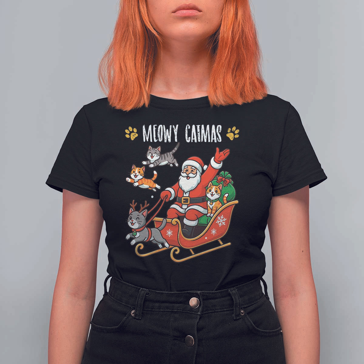 Funny Christmas Cat T Shirt For Women Meowy Catmas Santa Sleigh Xmas - Wonder Print Shop