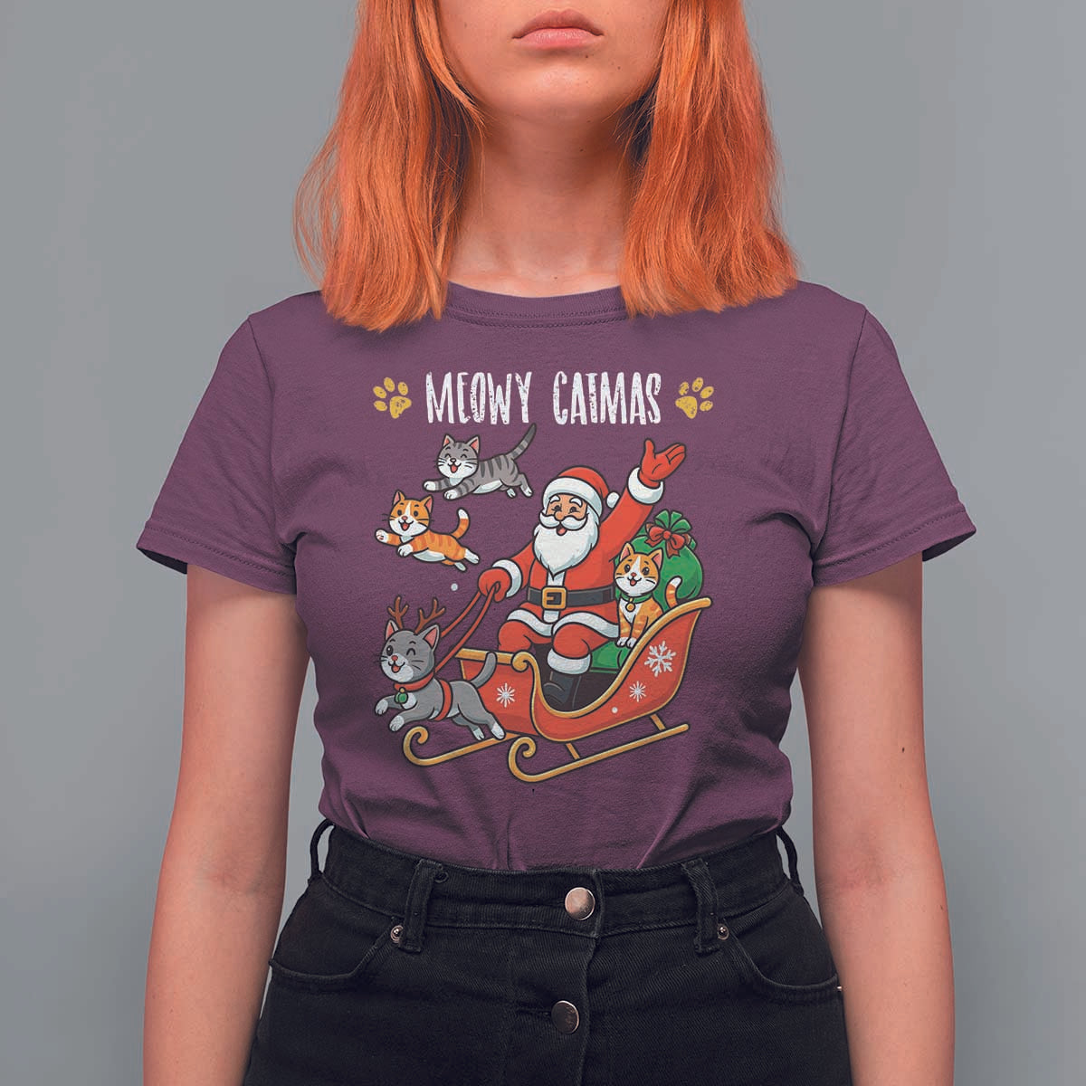 Funny Christmas Cat T Shirt For Women Meowy Catmas Santa Sleigh Xmas - Wonder Print Shop