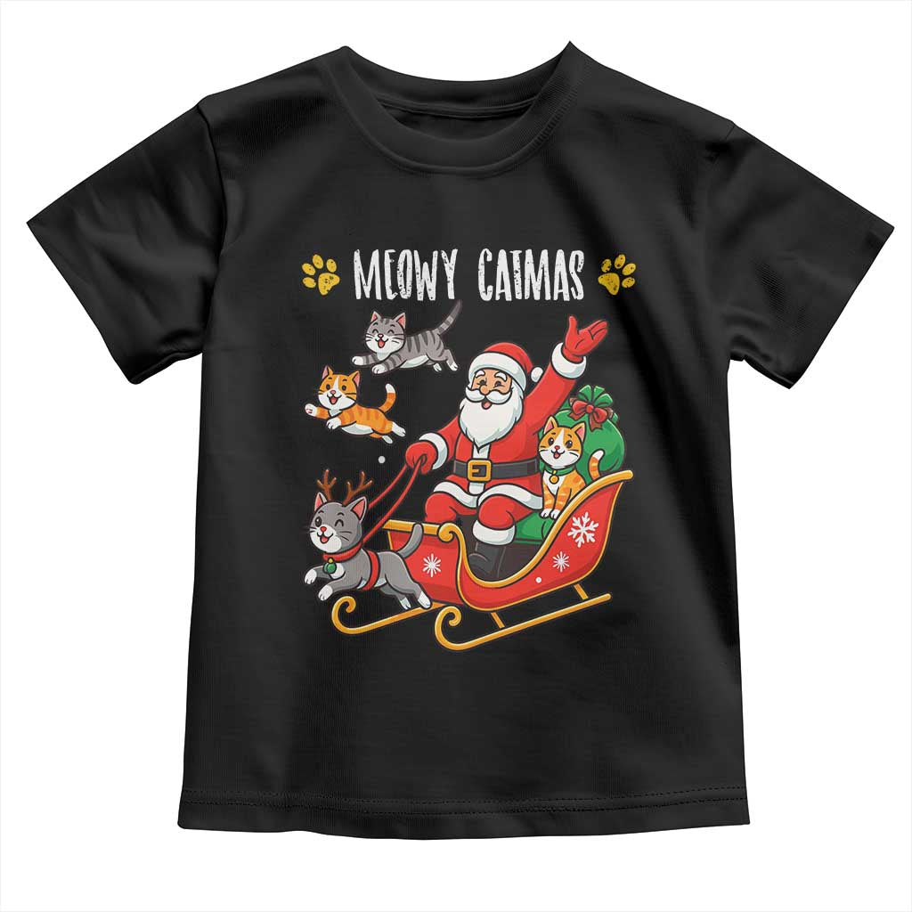 Funny Christmas Cat Toddler T Shirt Meowy Catmas Santa Sleigh Xmas - Wonder Print Shop