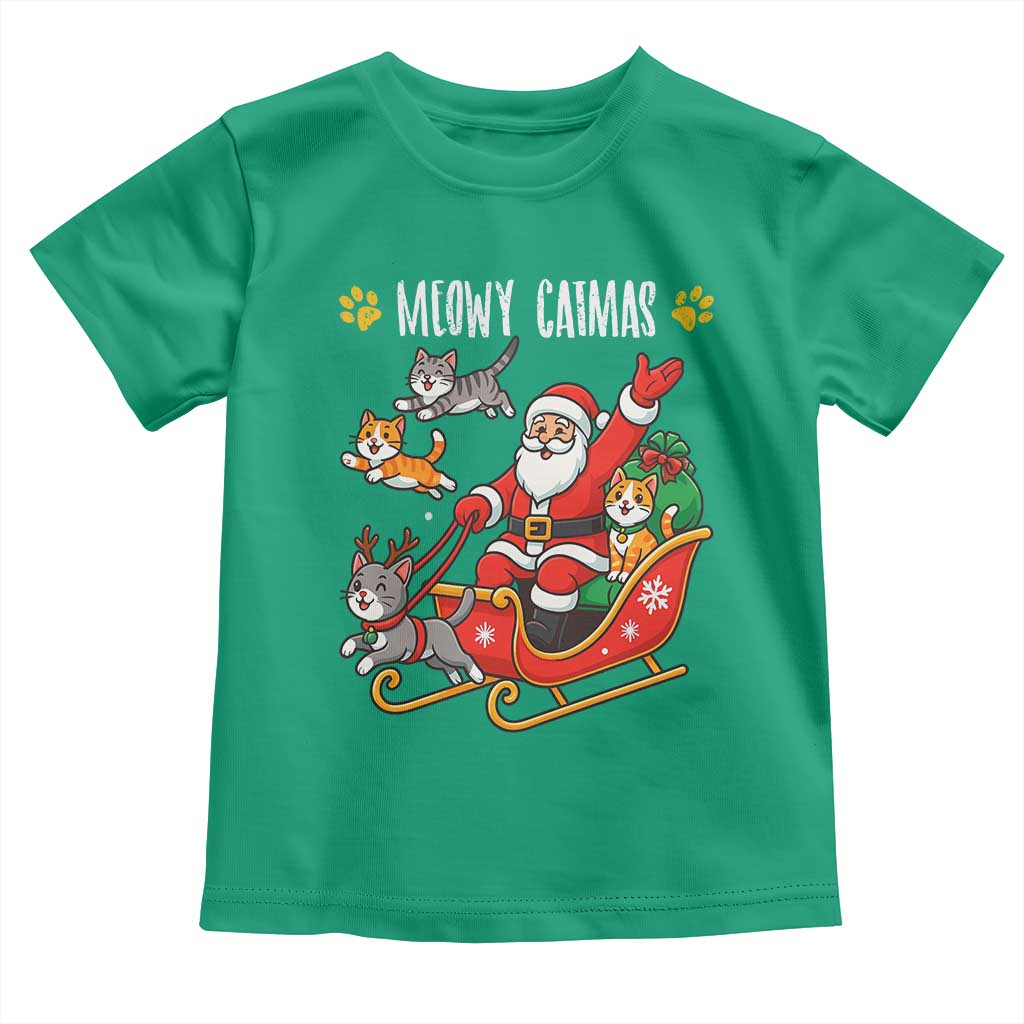Funny Christmas Cat Toddler T Shirt Meowy Catmas Santa Sleigh Xmas - Wonder Print Shop