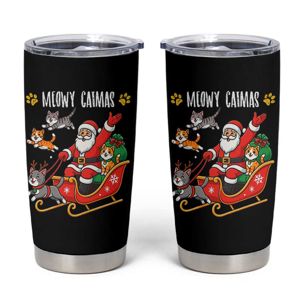 Funny Christmas Cat Tumbler Cup Meowy Catmas Santa Sleigh Xmas