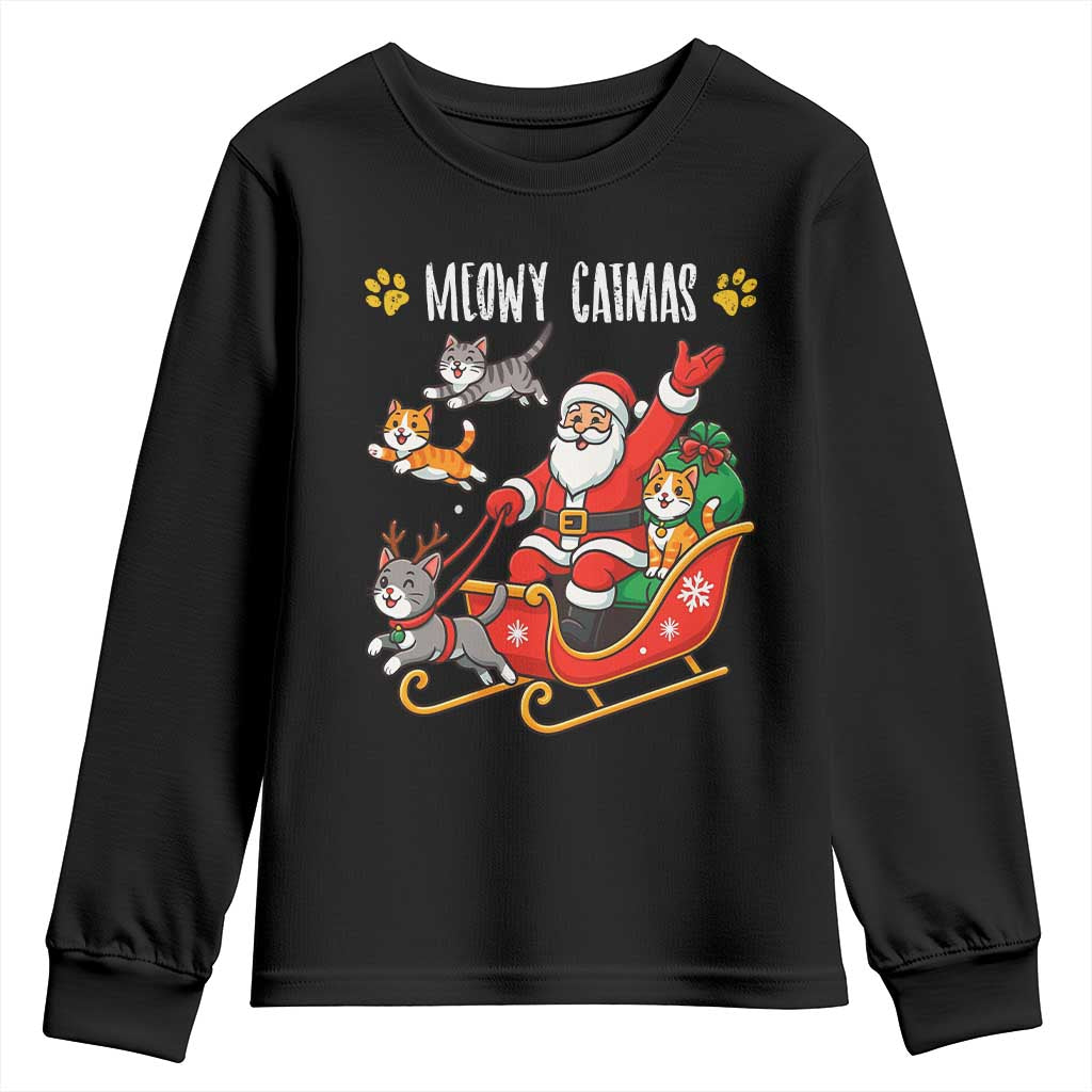 Funny Christmas Cat Youth Sweatshirt Meowy Catmas Santa Sleigh Xmas - Wonder Print Shop