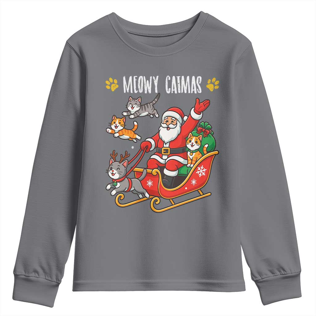 Funny Christmas Cat Youth Sweatshirt Meowy Catmas Santa Sleigh Xmas - Wonder Print Shop