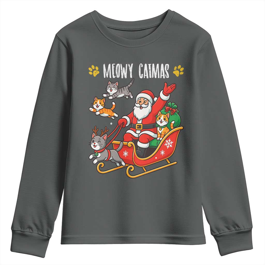 Funny Christmas Cat Youth Sweatshirt Meowy Catmas Santa Sleigh Xmas - Wonder Print Shop