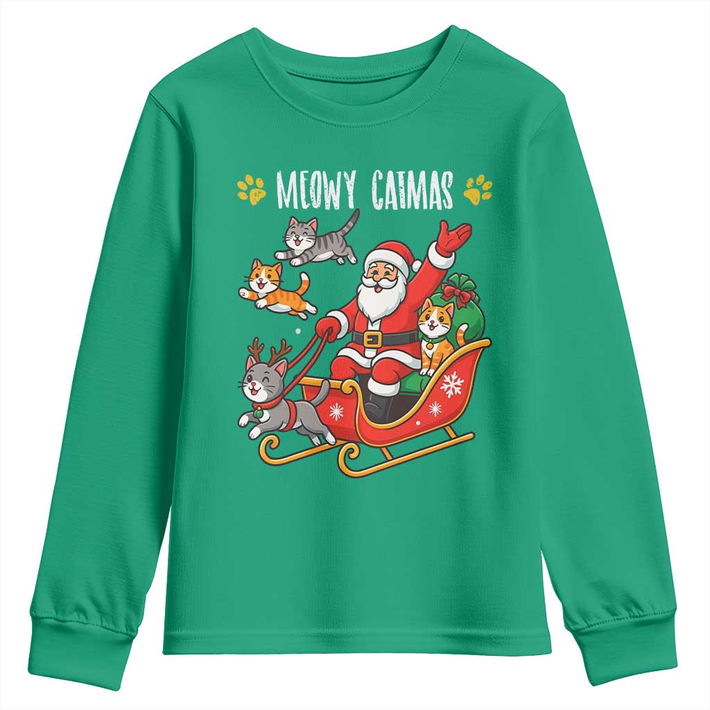 Funny Christmas Cat Youth Sweatshirt Meowy Catmas Santa Sleigh Xmas - Wonder Print Shop