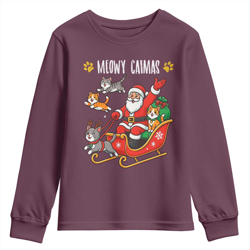 Funny Christmas Cat Youth Sweatshirt Meowy Catmas Santa Sleigh Xmas - Wonder Print Shop