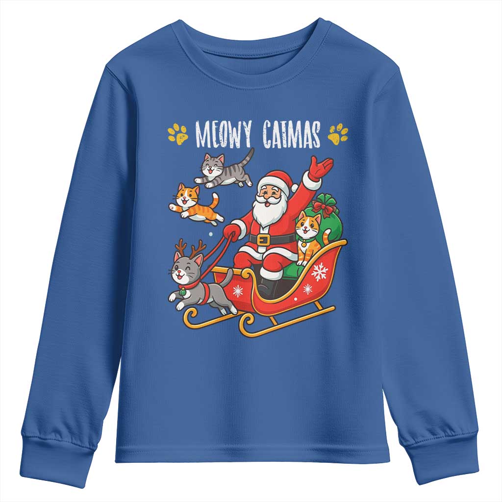 Funny Christmas Cat Youth Sweatshirt Meowy Catmas Santa Sleigh Xmas - Wonder Print Shop