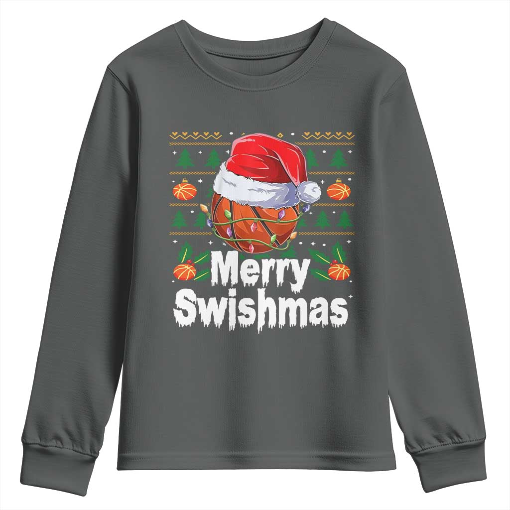 Basketball Christmas Youth Sweatshirt Funny Merry Swishmas Sports - Wonder Print Shop