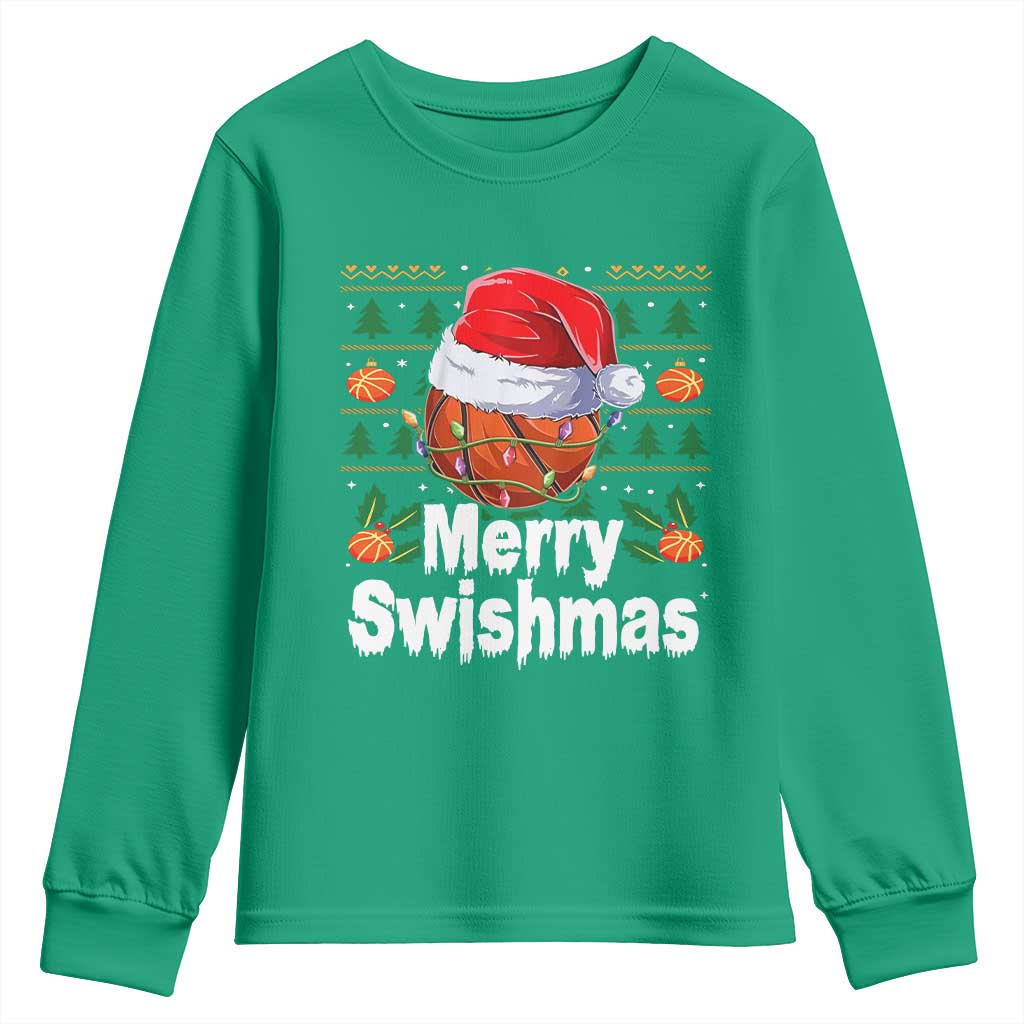 Basketball Christmas Youth Sweatshirt Funny Merry Swishmas Sports - Wonder Print Shop