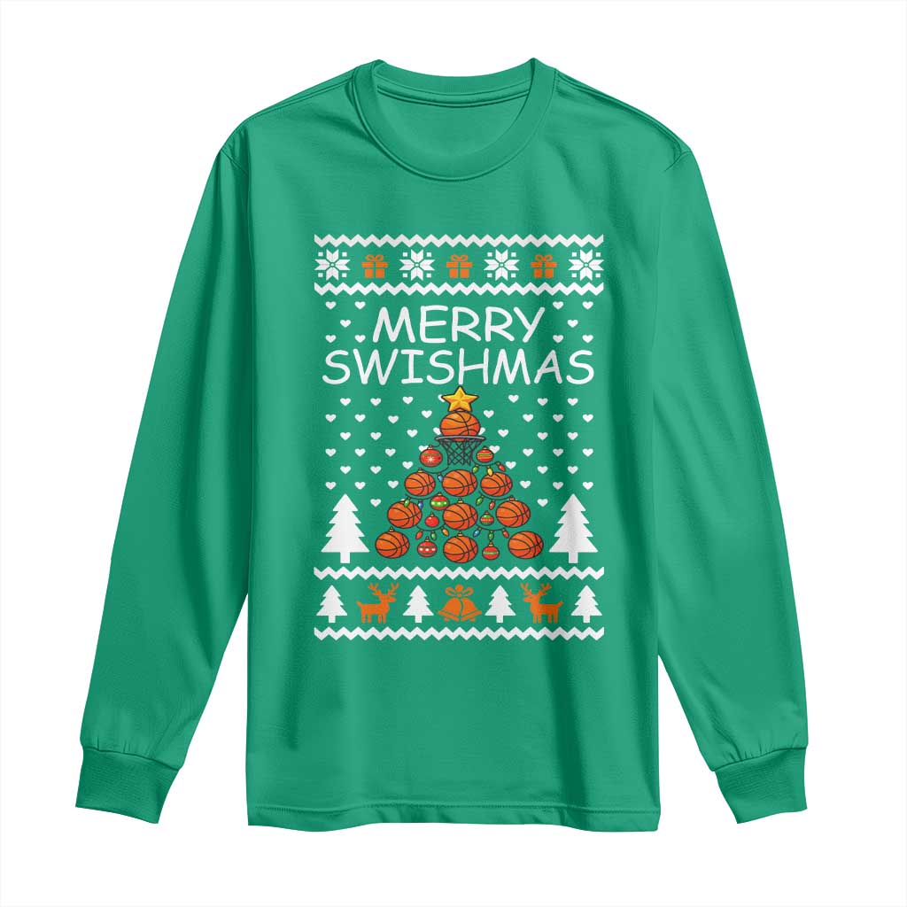 Basketball Merry Swishmas Long Sleeve Shirt Christmas Tree Sports - Wonder Print Shop