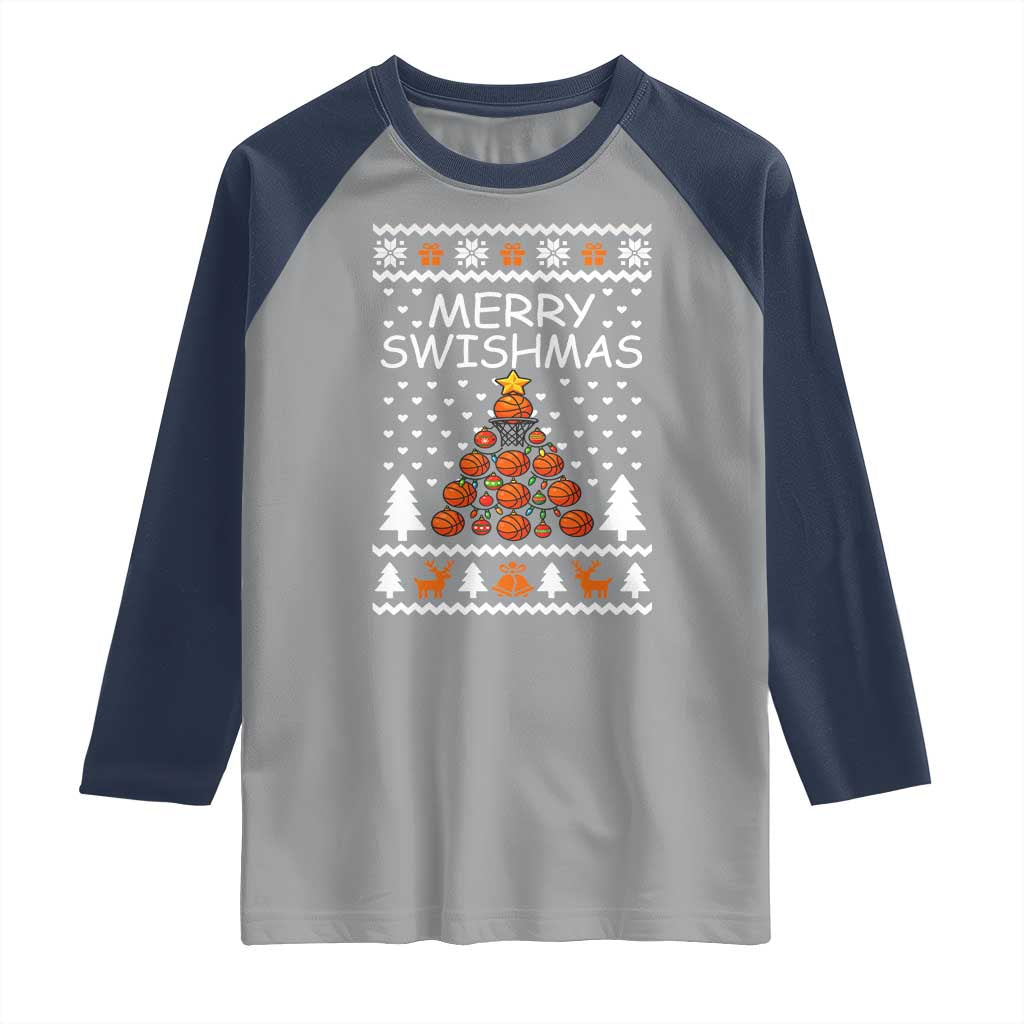 Basketball Merry Swishmas Raglan Shirt Christmas Tree Sports - Wonder Print Shop
