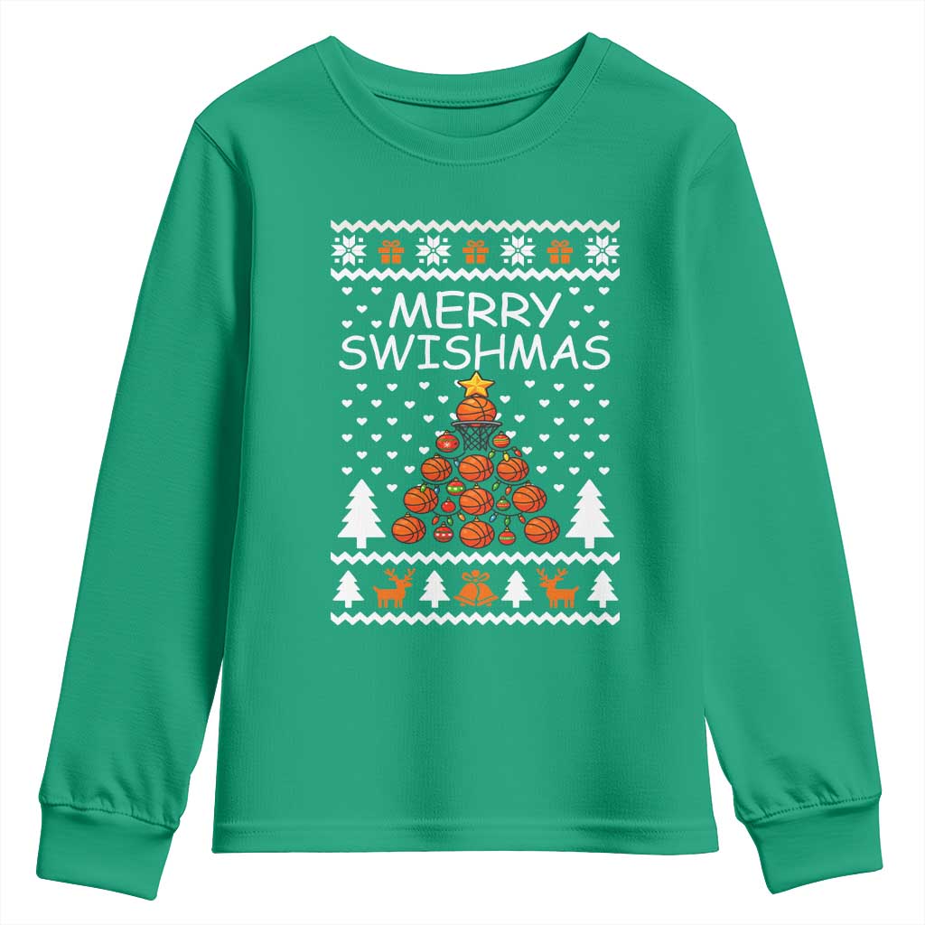 Basketball Merry Swishmas Youth Sweatshirt Christmas Tree Sports - Wonder Print Shop