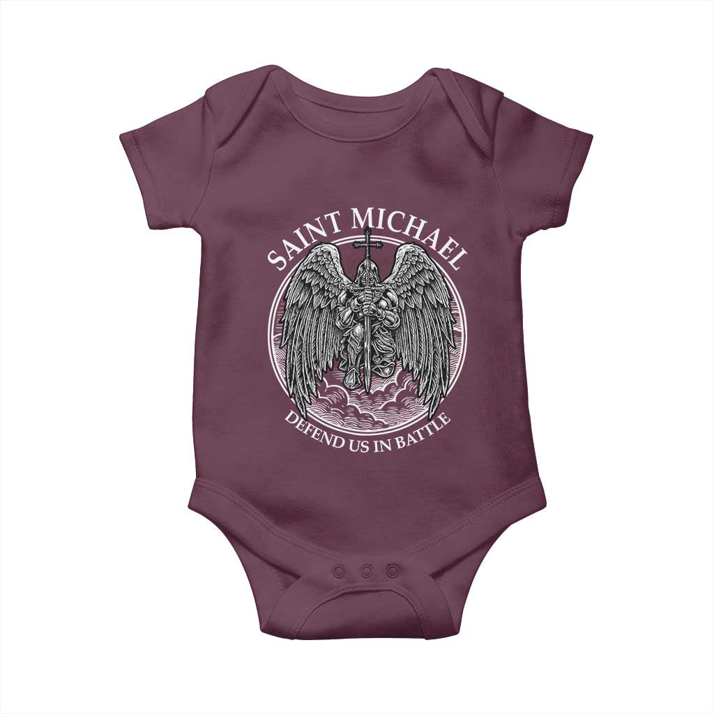 Saint Michael The Archangel Baby Onesie Defend Us In Battle Christian Faith - Wonder Print Shop
