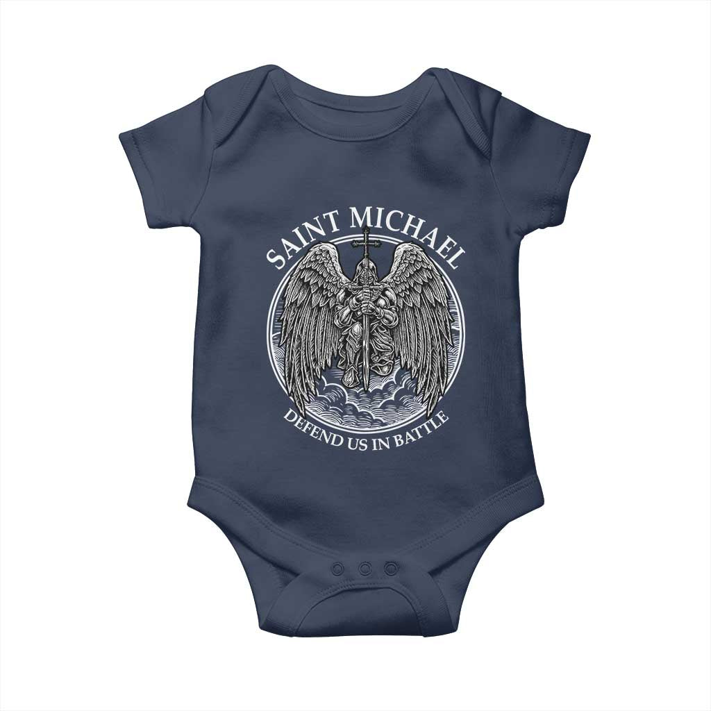 Saint Michael The Archangel Baby Onesie Defend Us In Battle Christian Faith - Wonder Print Shop