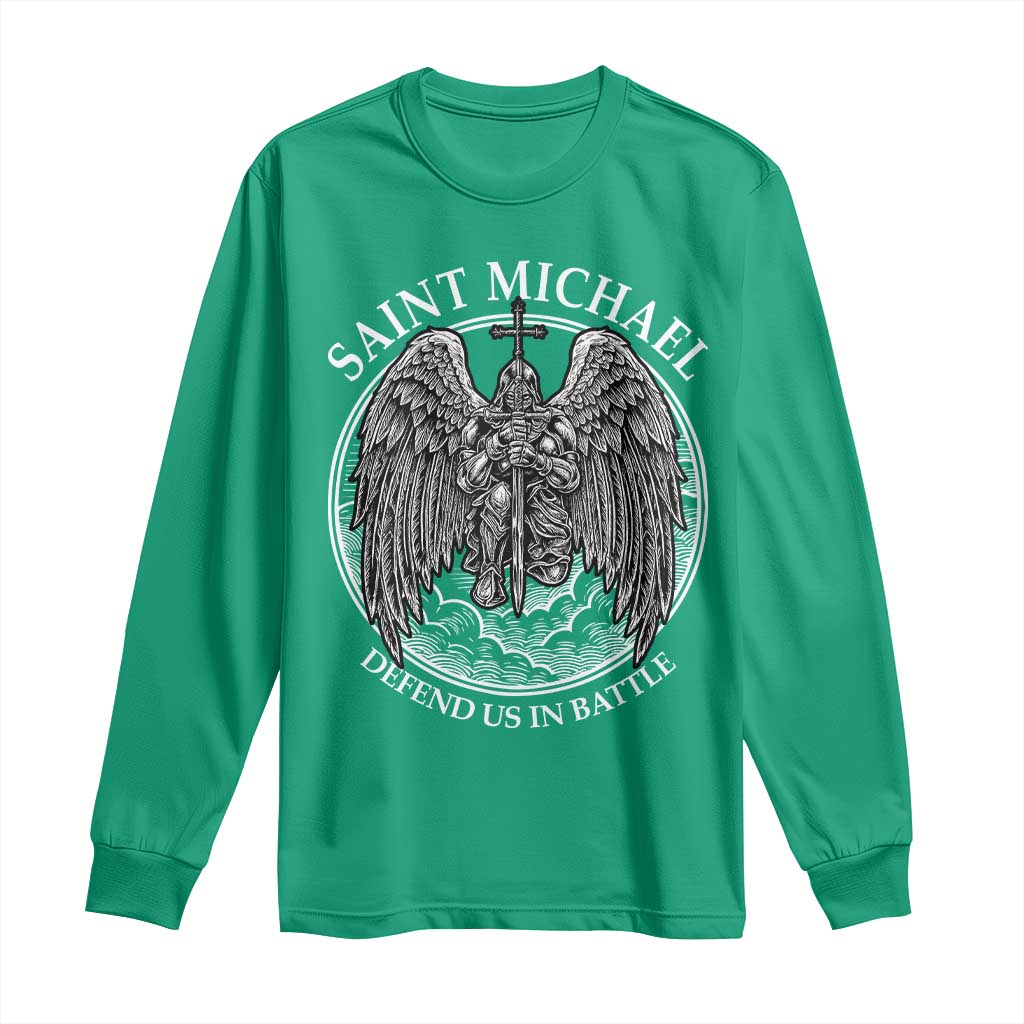 Saint Michael The Archangel Long Sleeve Shirt Defend Us In Battle Christian Faith - Wonder Print Shop