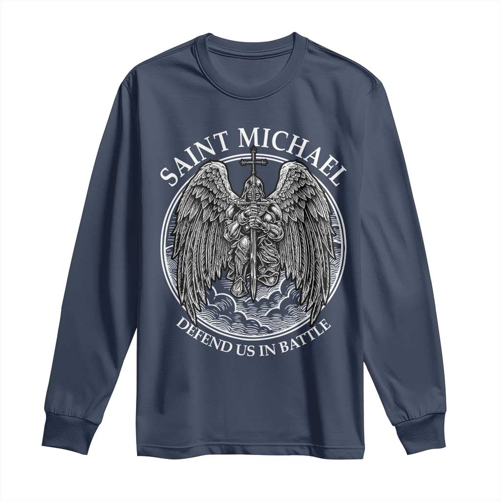 Saint Michael The Archangel Long Sleeve Shirt Defend Us In Battle Christian Faith - Wonder Print Shop