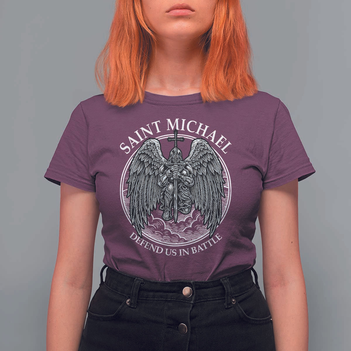 Saint Michael The Archangel T Shirt For Women Defend Us In Battle Christian Faith - Wonder Print Shop