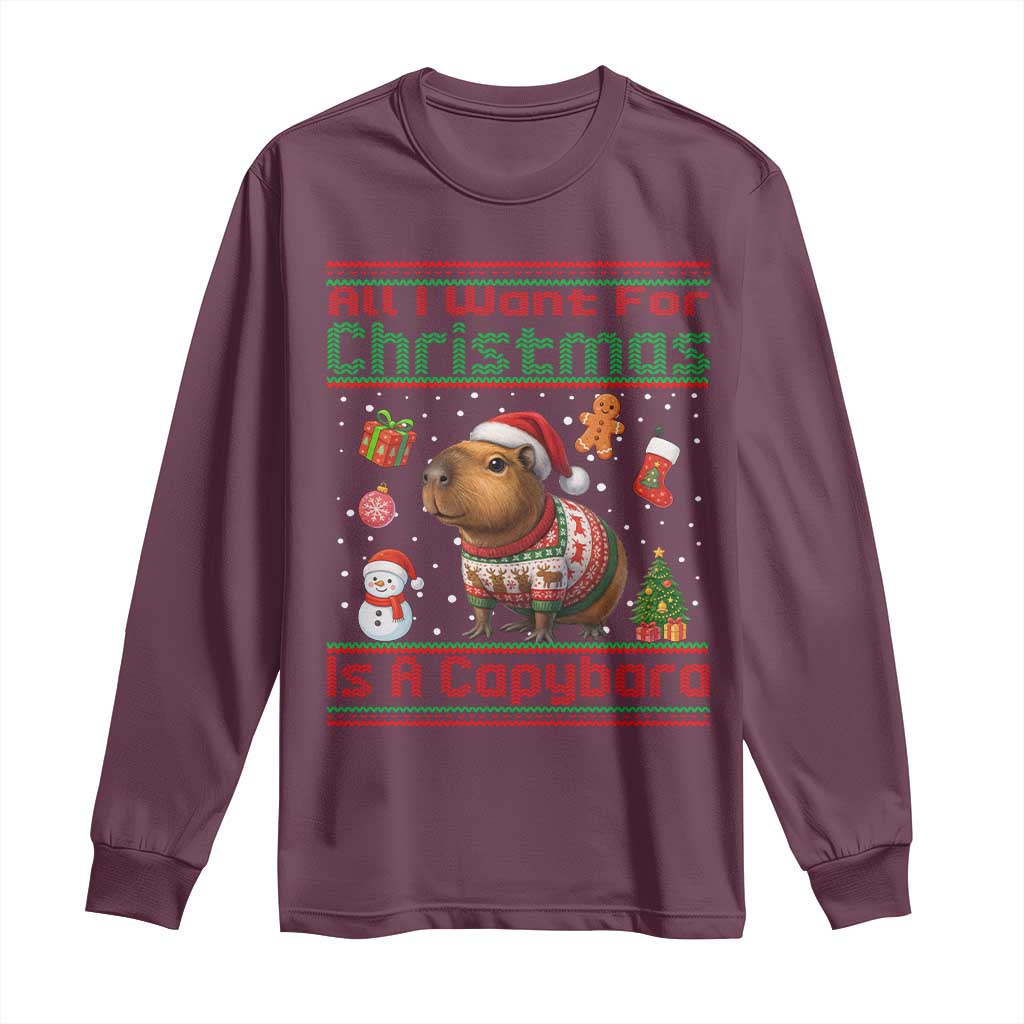 Funny Xmas Long Sleeve Shirt All I Want For Christmas Is A Capybara - Wonder Print Shop