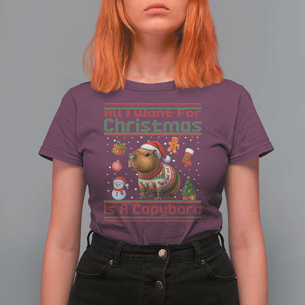 Funny Xmas T Shirt For Women All I Want For Christmas Is A Capybara - Wonder Print Shop