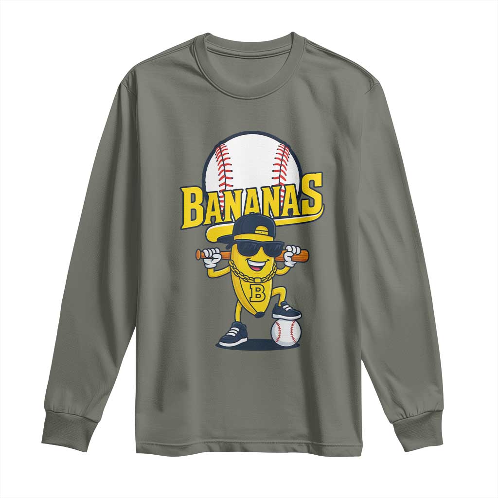 Cool Banana Playing Baseball Long Sleeve Shirt Funny Fruit Sports Gift - Wonder Print Shop