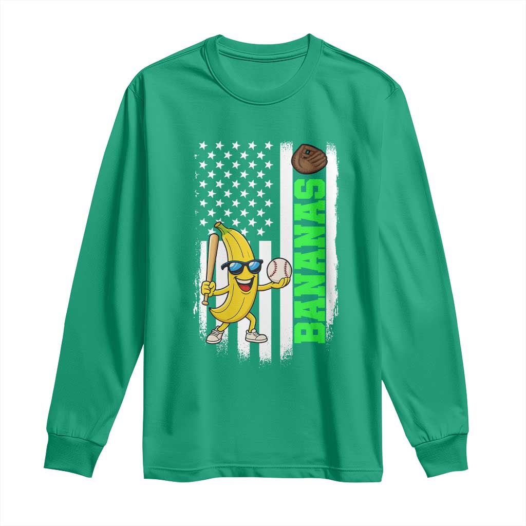 Banana Playing Baseball Lover Long Sleeve Shirt Retro American Flag - Wonder Print Shop