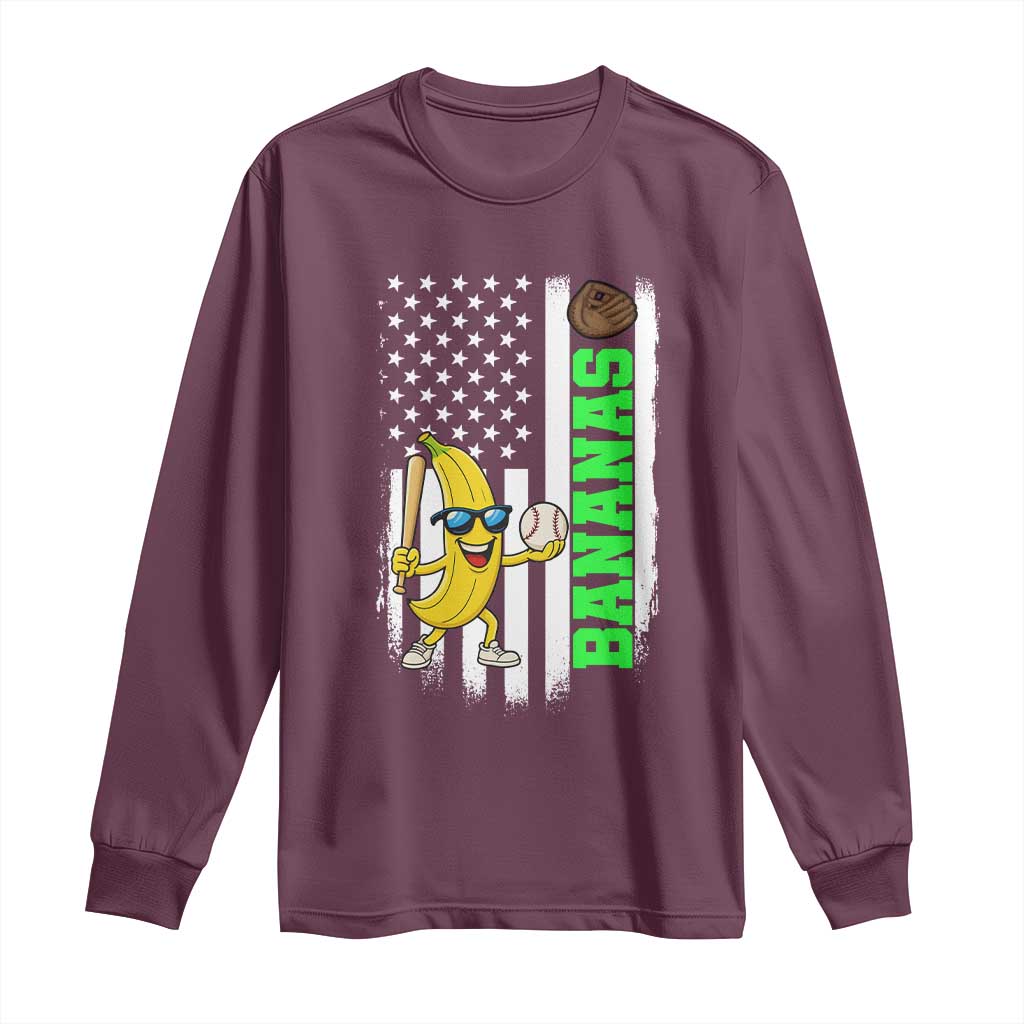 Banana Playing Baseball Lover Long Sleeve Shirt Retro American Flag - Wonder Print Shop