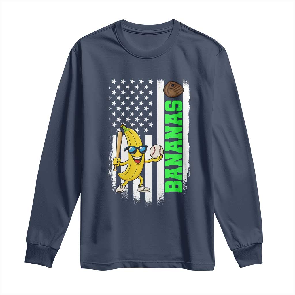 Banana Playing Baseball Lover Long Sleeve Shirt Retro American Flag - Wonder Print Shop
