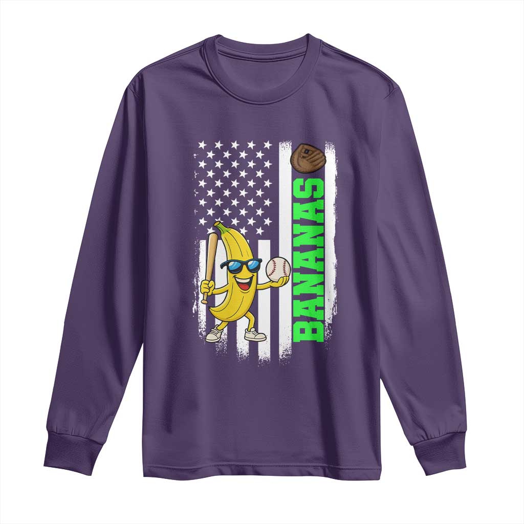 Banana Playing Baseball Lover Long Sleeve Shirt Retro American Flag - Wonder Print Shop