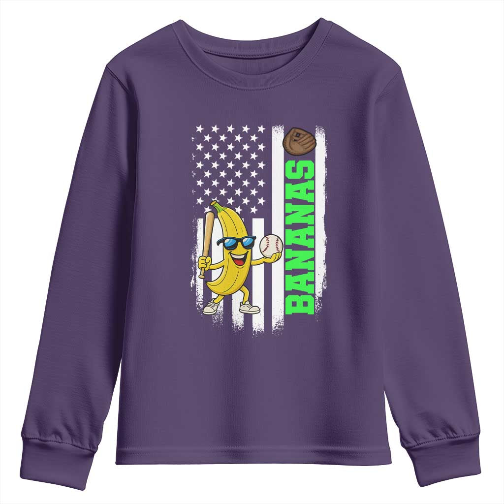 Banana Playing Baseball Lover Youth Sweatshirt Retro American Flag - Wonder Print Shop
