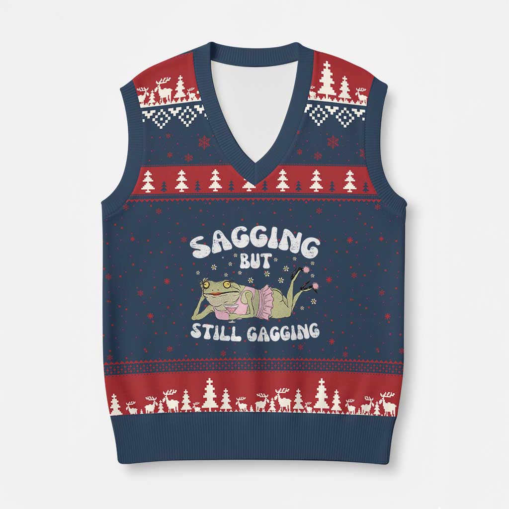Funny Sagging But Still Gagging V-Neck Knit Sweater Vest Sarcastic Frog Humor - Wonder Print Shop