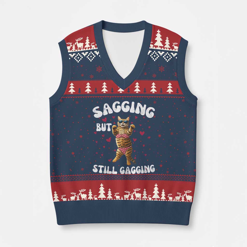 Funny Cat Sexy V-Neck Knit Sweater Vest Sagging But Still Gagging Gift - Wonder Print Shop