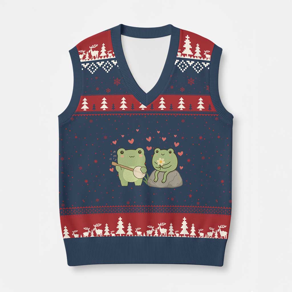 Cute Frog Lover Gift V-Neck Knit Sweater Vest Romantic Frog Music - Wonder Print Shop
