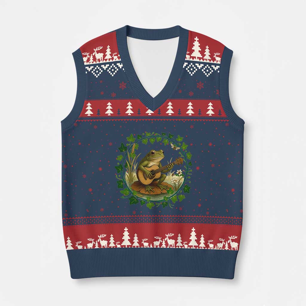 Funny Frog Playing Guitar V-Neck Knit Sweater Vest Music Lovers Gift - Wonder Print Shop