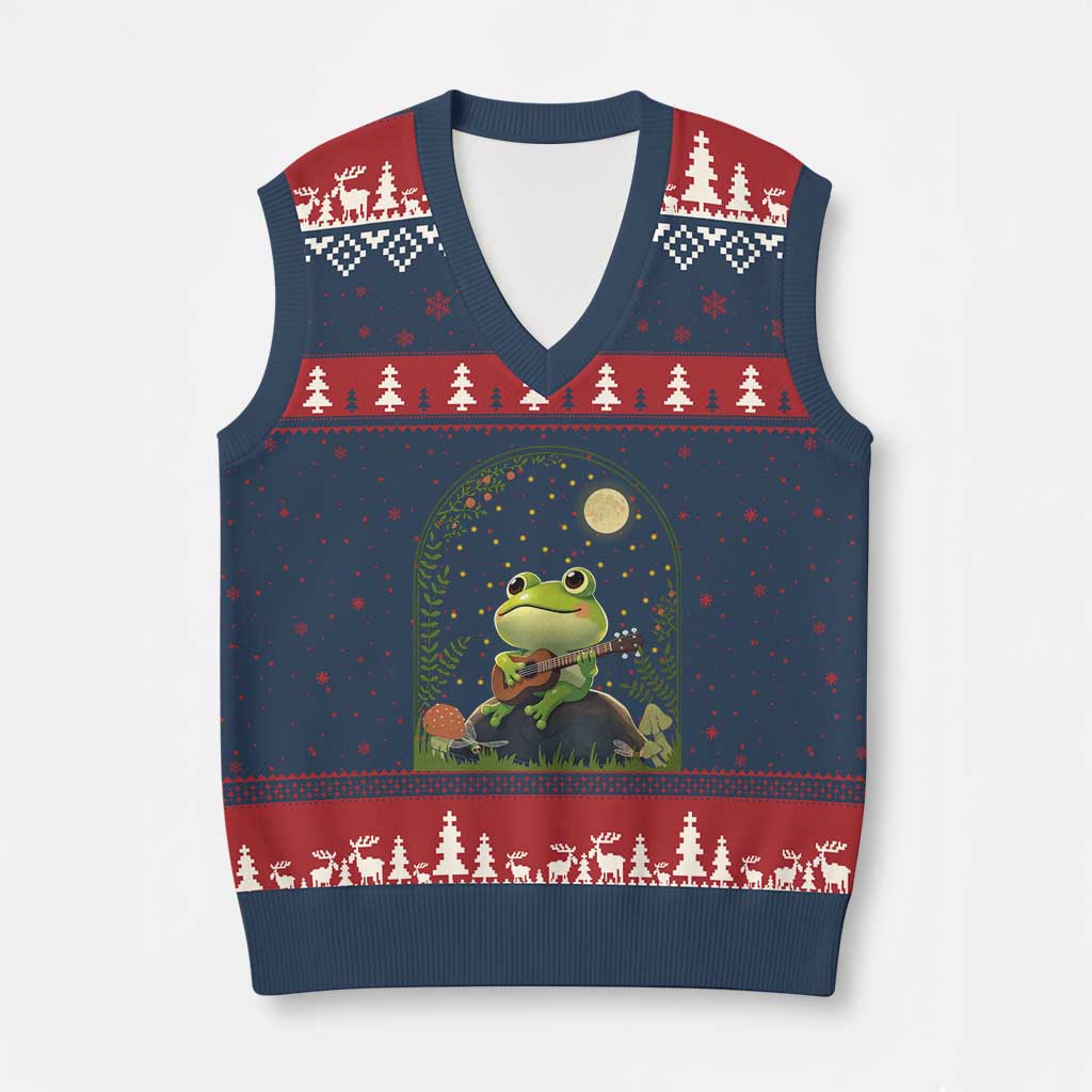 Frog Playing Guitar V-Neck Knit Sweater Vest Gift for Musicians - Wonder Print Shop