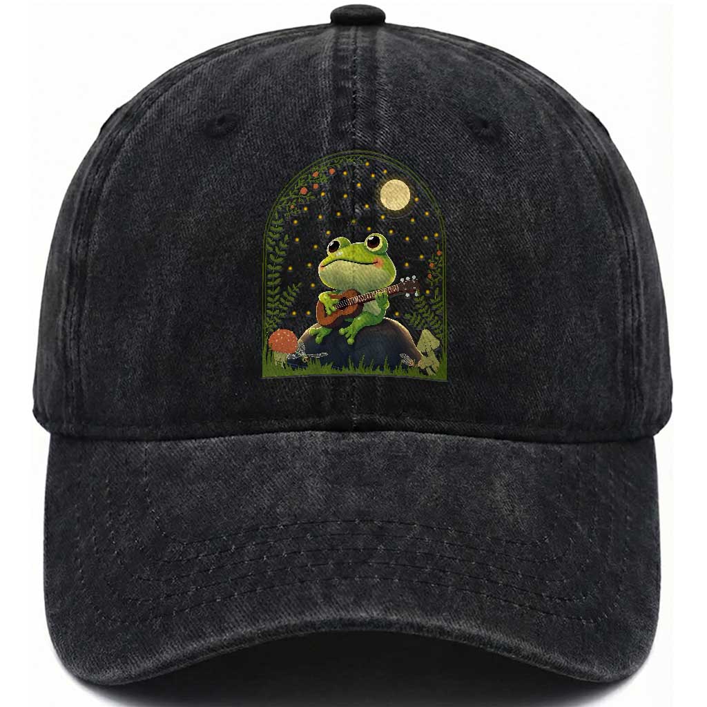Frog Playing Guitar Washed Cotton Baseball Cap Gift for Musicians