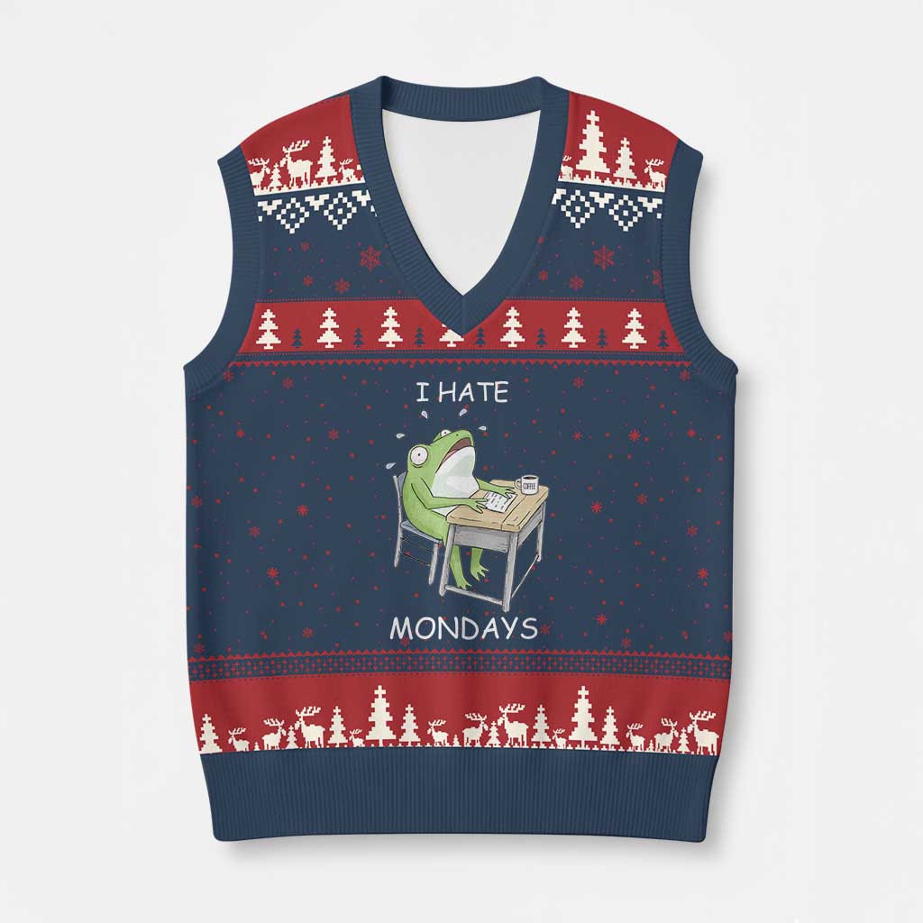 Funny Office Frog V-Neck Knit Sweater Vest I Hate Mondays - Wonder Print Shop