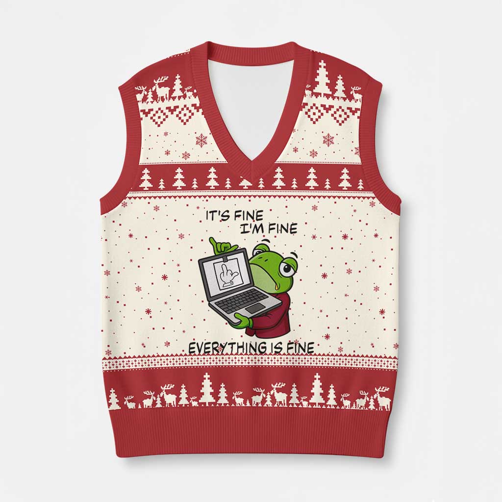 It Is Fine I Am Fine Everything Is Fine V-Neck Knit Sweater Vest Attitude Frog - Wonder Print Shop
