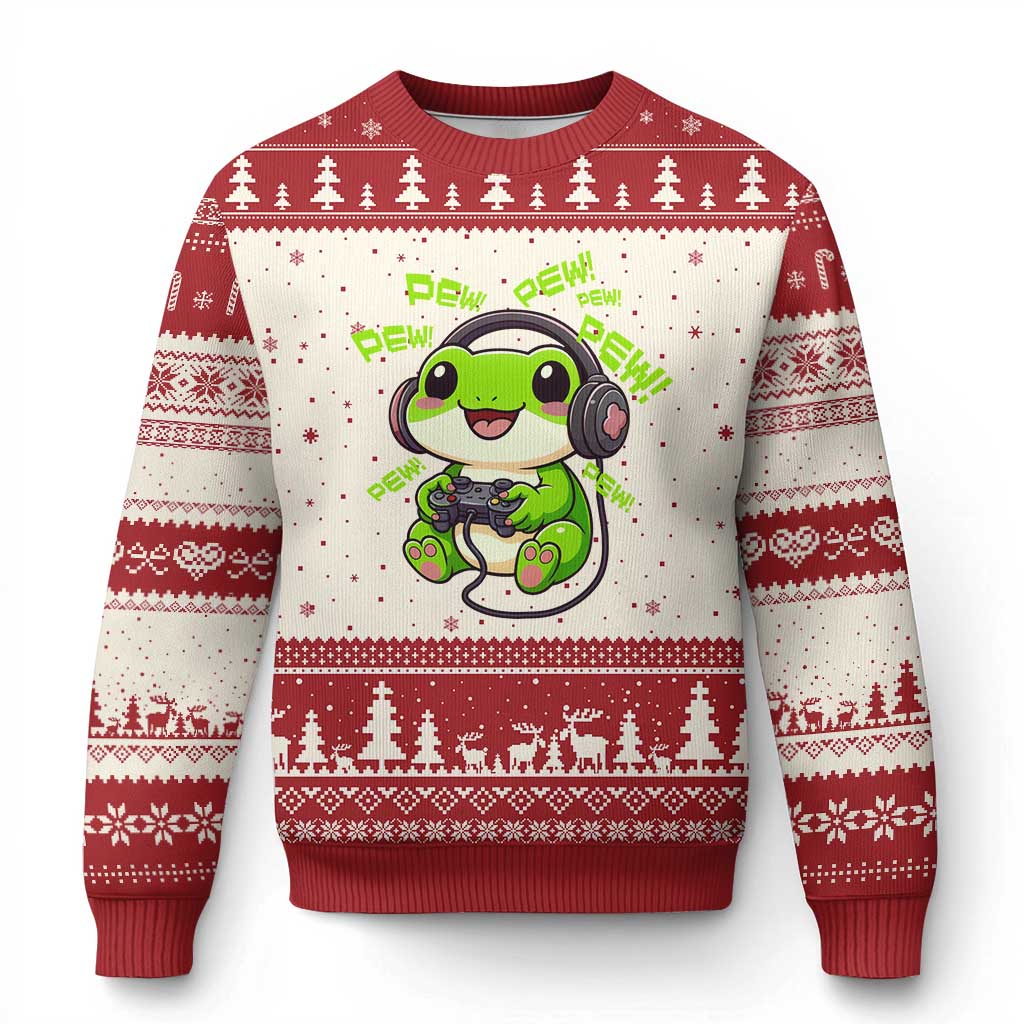 Funny Frog Playing Video Game Gift Ugly Christmas Sweater - Wonder Print Shop