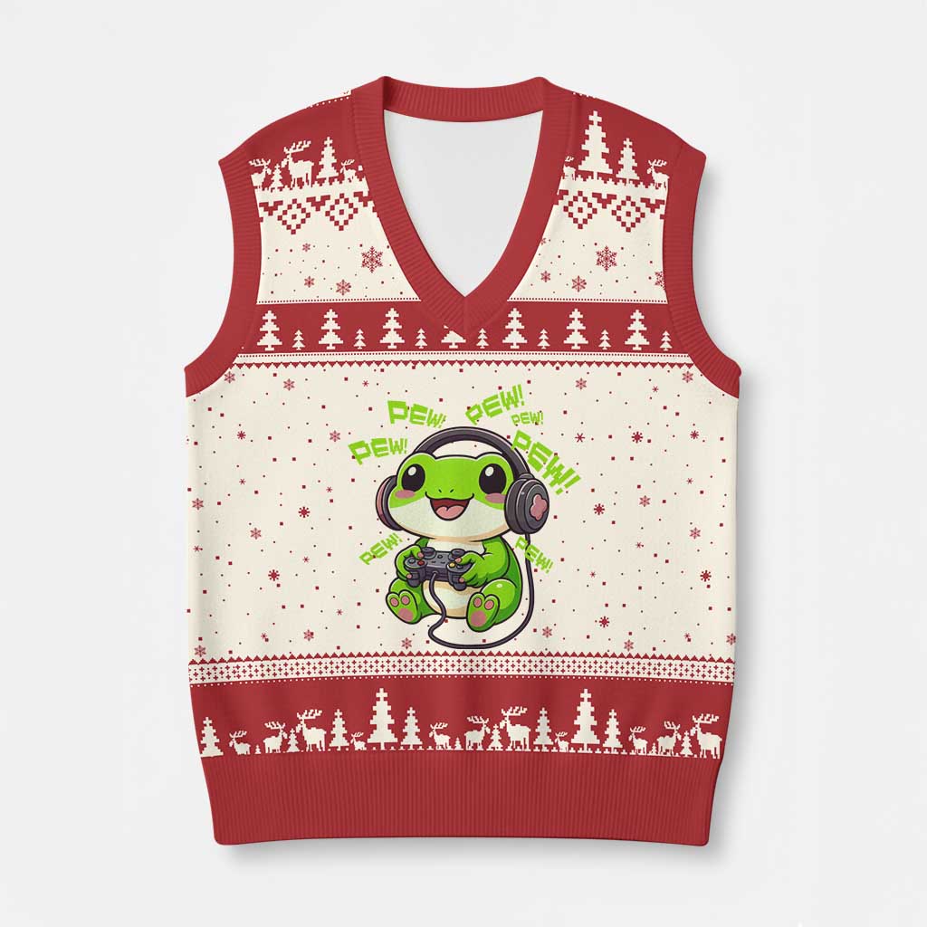 Funny Frog Playing Video Game Gift V-Neck Knit Sweater Vest - Wonder Print Shop