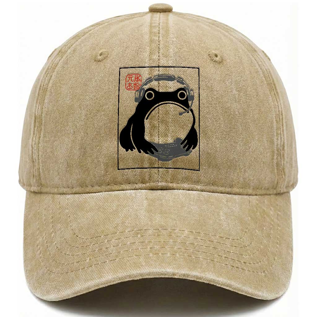 Grumpy Frog Gamer Japanese Ink Painting Washed Cotton Baseball Cap