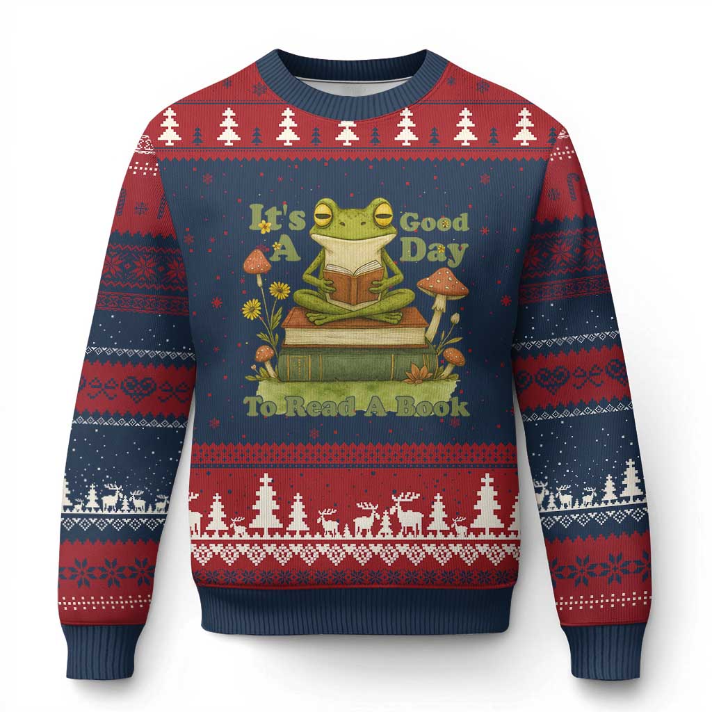It Is A Good Day To Read A Book Ugly Christmas Sweater Funny Frog Reading - Wonder Print Shop